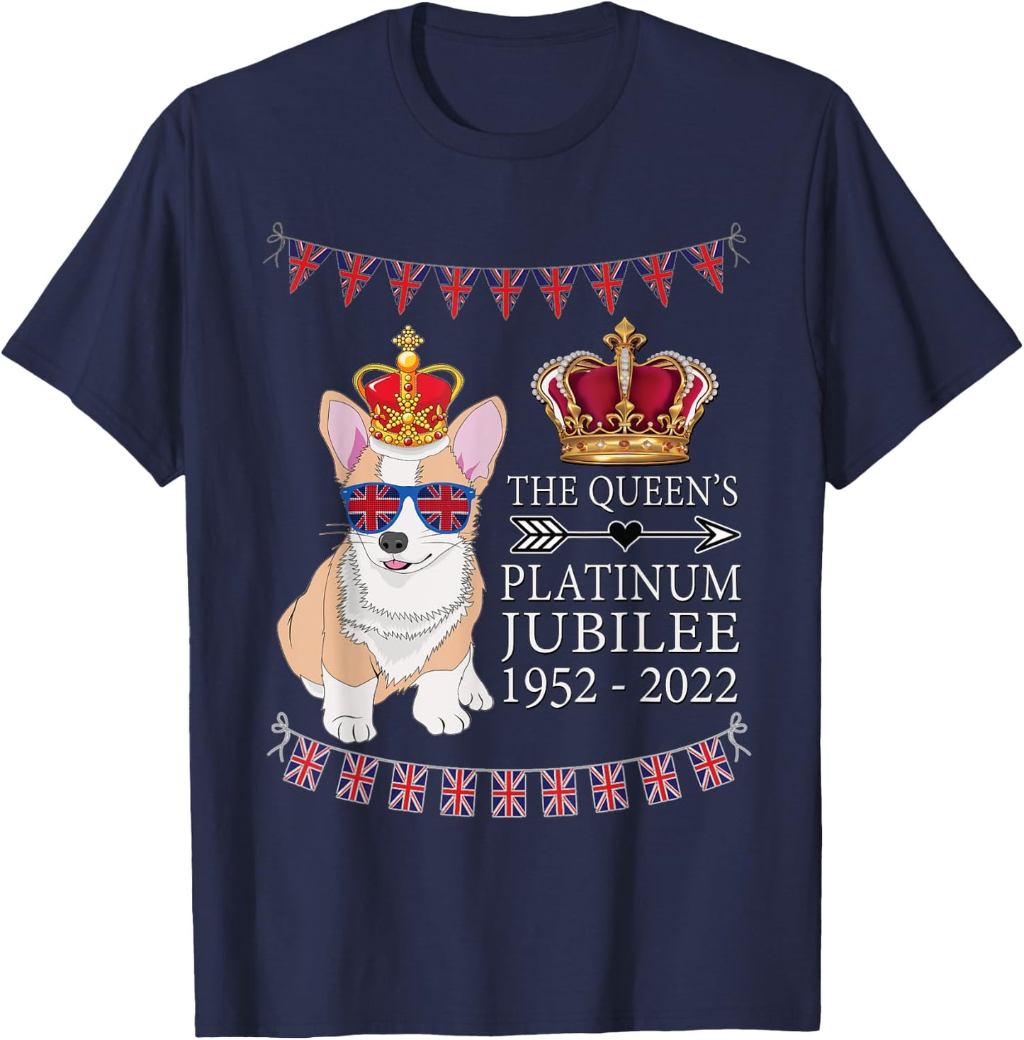 British Queen Platinum Jubilee Souvenir Union Jack Corgi T-Shirt - T-Shirt | Navy