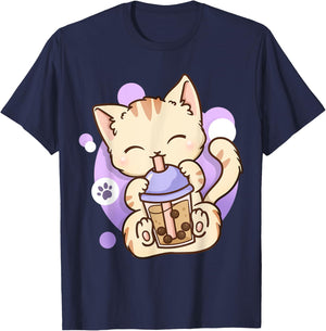 Cat Boba Tea Bubble Tea Anime Kawaii Neko T-Shirt - T-Shirt | Navy