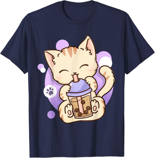 Cat Boba Tea Bubble Tea Anime Kawaii Neko T-Shirt - T-Shirt | Navy