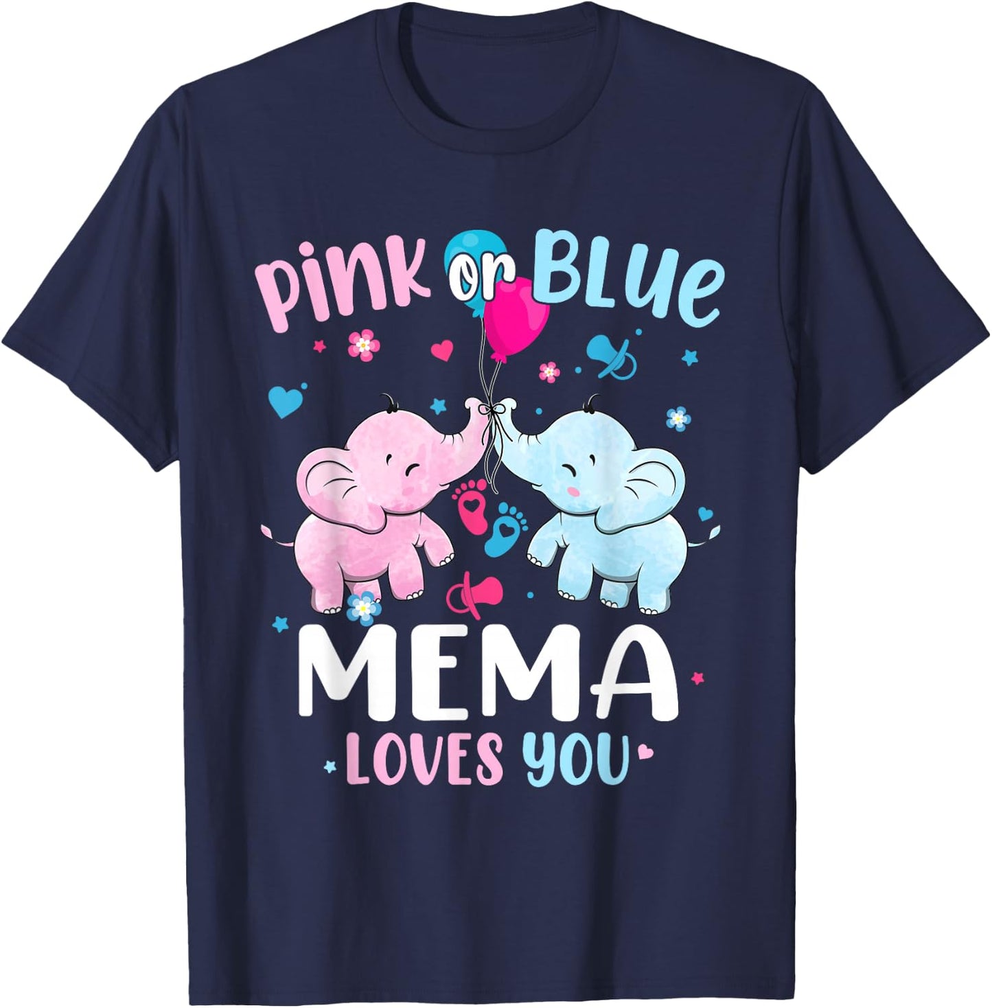 Pink or Blue Mema Loves You Gender Reveal Elephant Grandma T-Shirt - T-Shirt | Navy