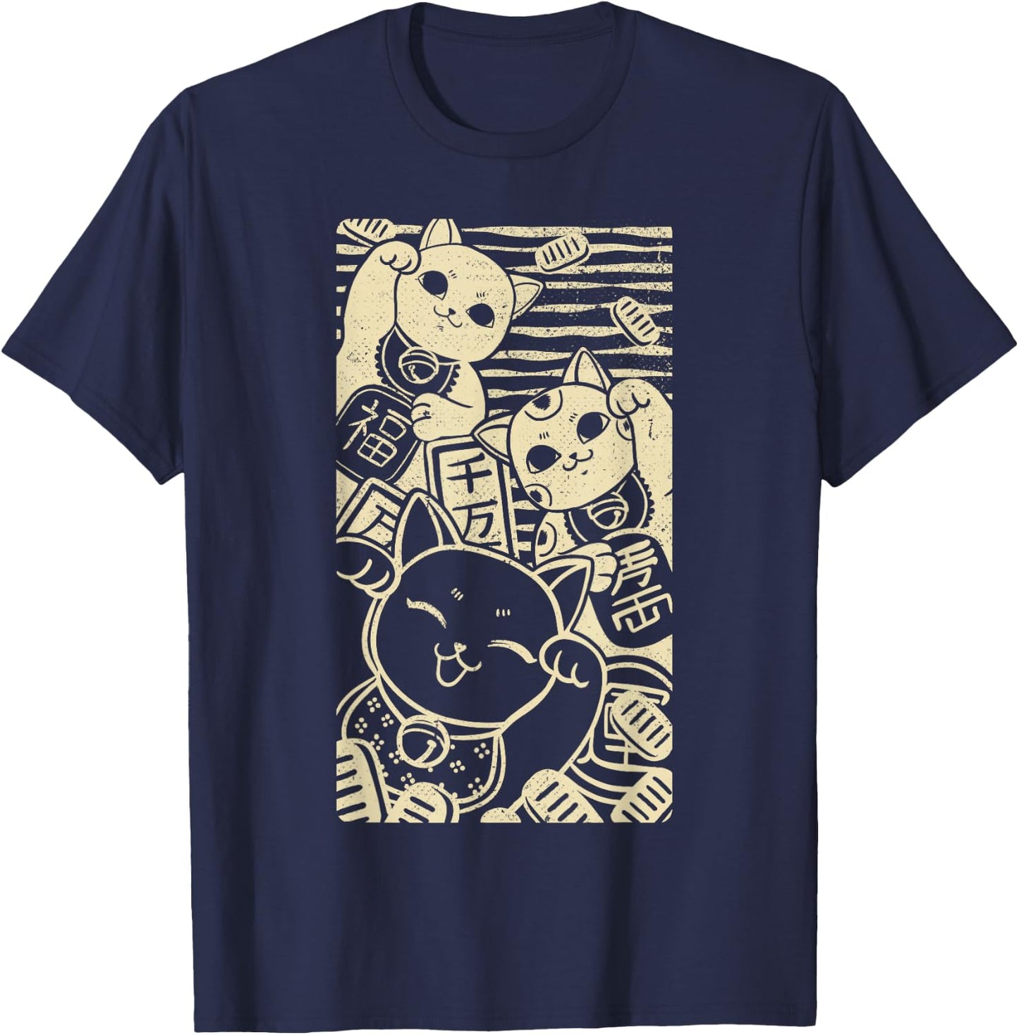 Maneki nekos - Lucky Cats Japanese Style Design T-Shirt - T-Shirt | Navy