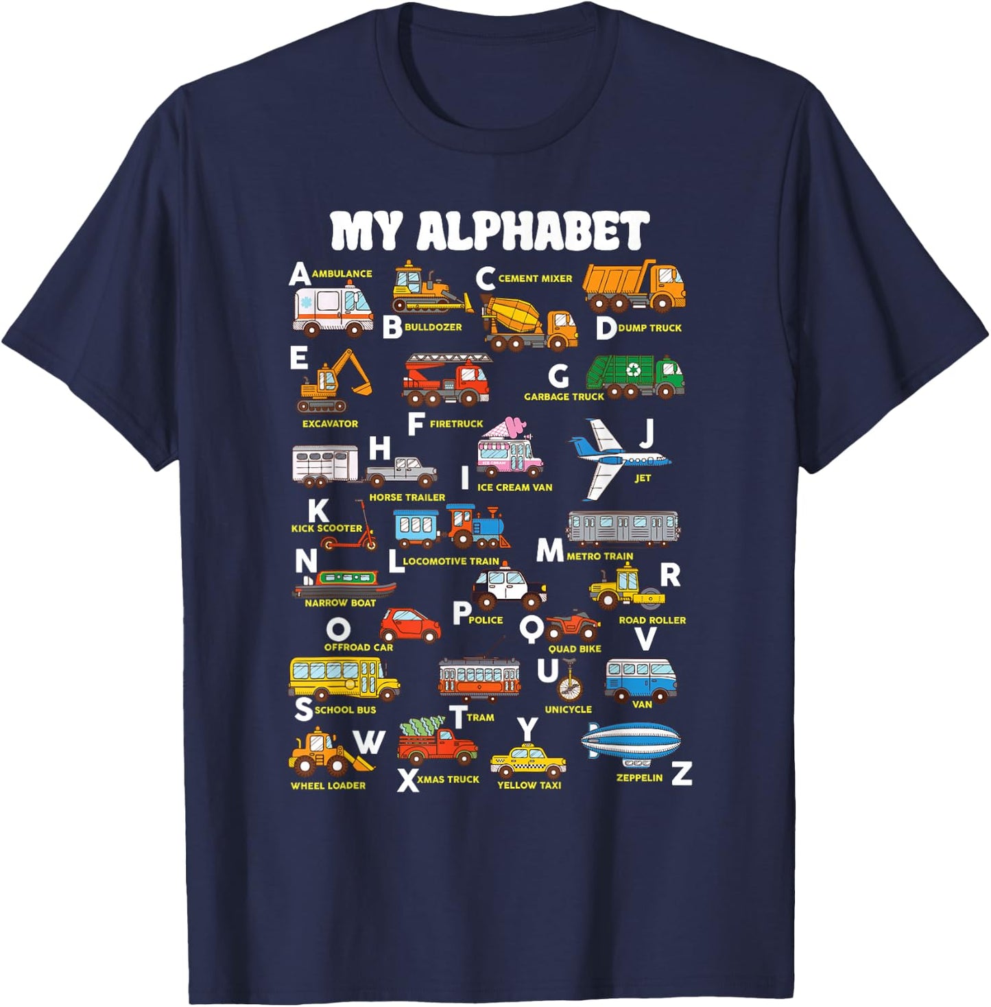Alphabet Transport Learning ABC Car Bus Truck Educational T-Shirt - T-Shirt | Navy