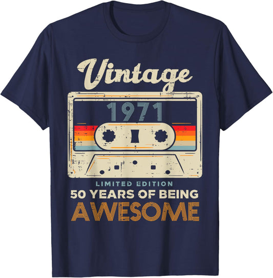 Vintage 1971 Cassette Tape 50 Awesome 50th Birthday Gift T-Shirt - T-Shirt | Navy