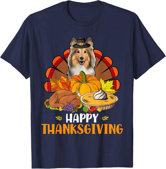 Thanksgiving Turkey Sheltie Dog Eating Dinner Family Lover T-Shirt - T-Shirt | Navy