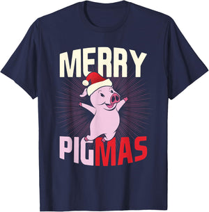 Pigmas Happy Pig Santa Hat Merry Christmas T-Shirt - T-Shirt | Navy