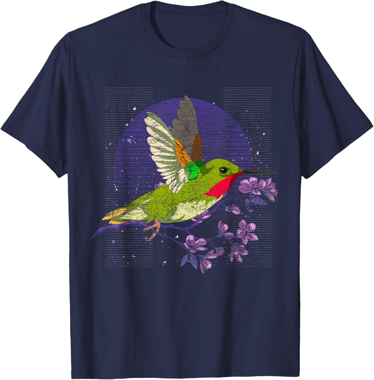 Floral Animal Bird Beautiful Flowers Vintage Hummingbird T-Shirt - T-Shirt | Navy