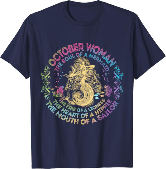 October Woman The Soul Of A Mermaid Birthday Hippie Soul T-Shirt - T-Shirt | Navy