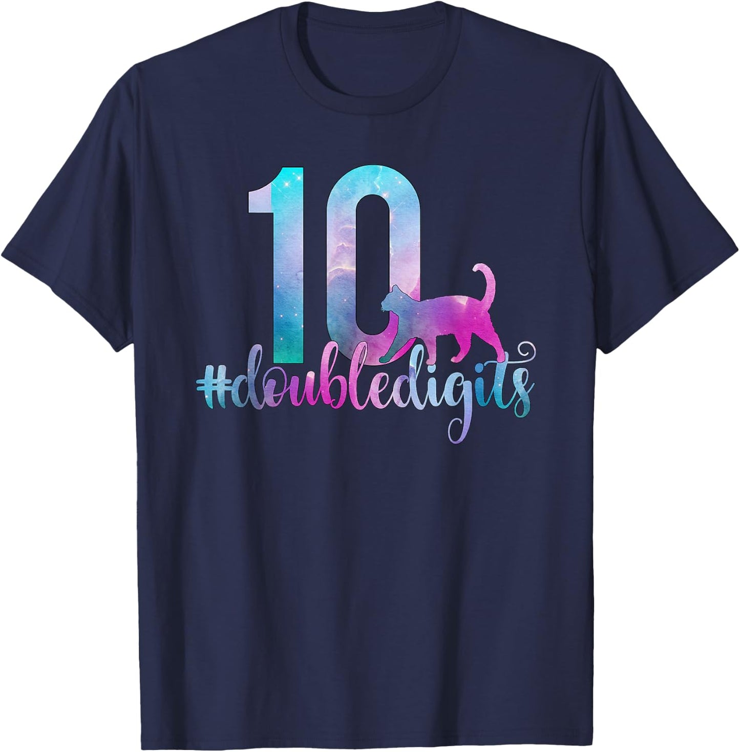10th Birthday Girl Double Digits Girls Ten 10 Galaxy Cat T-Shirt - T-Shirt | Navy