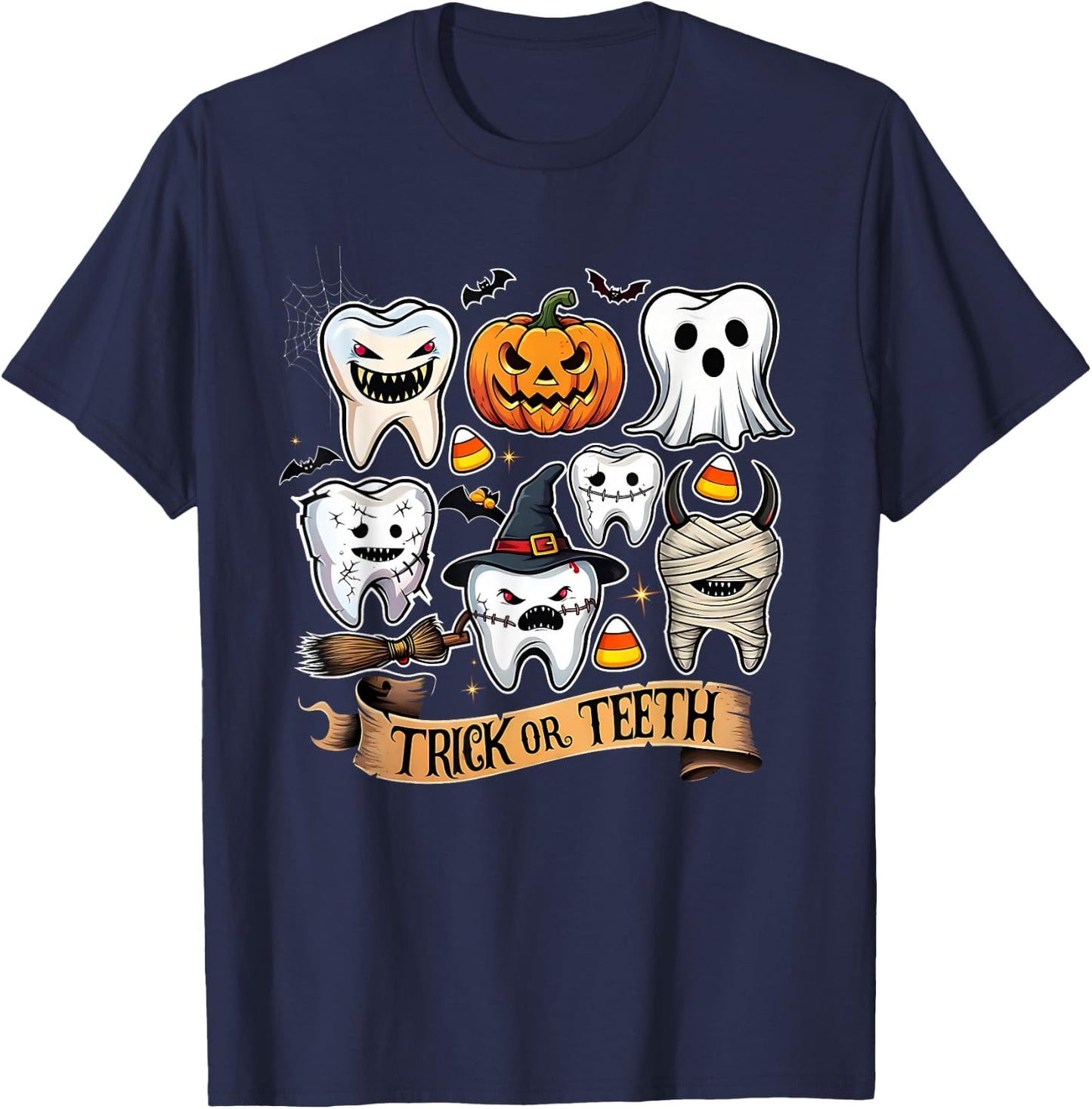 Trick or Teeth Funny Halloween Dentist Tooth Design T-Shirt - T-Shirt | Navy