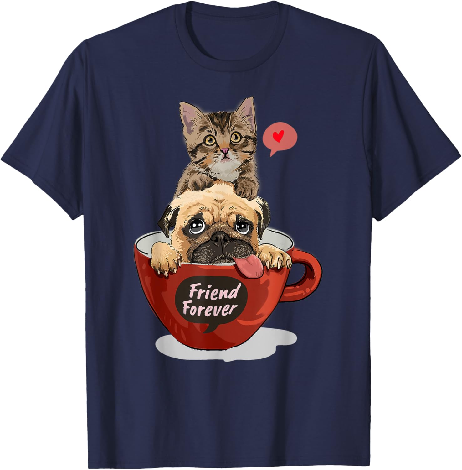 My Three Close Friends, Kitty, Pug puppy and a cup of coffee T-Shirt - T-Shirt | Navy