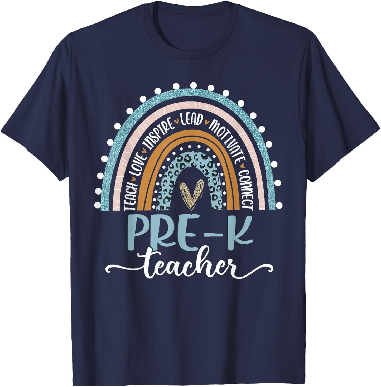 Pre-K Teacher Leopard Boho Rainbow Back to School T-Shirt - T-Shirt | Navy