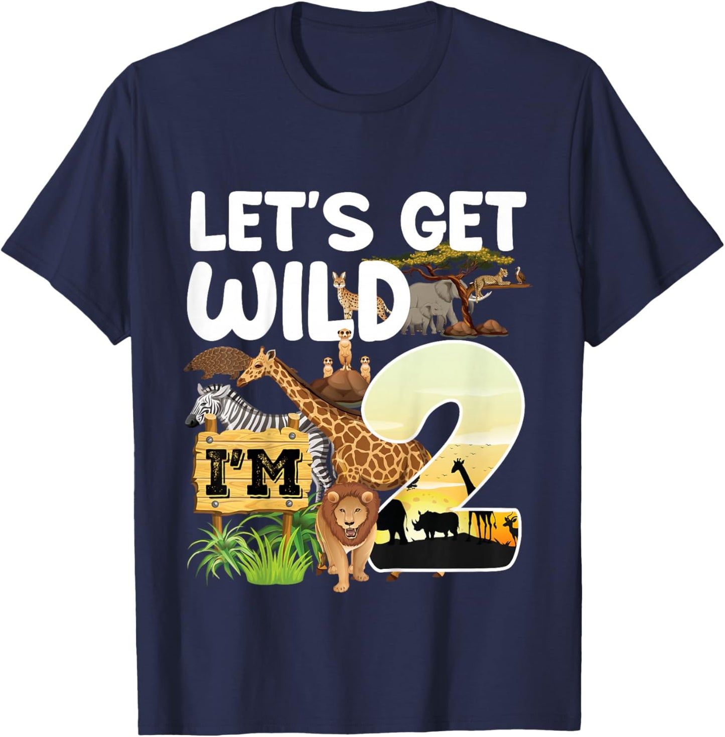 Kids 2 Year Old Zoo Birthday Safari Jungle Animal 2nd B-Day T-Shirt - T-Shirt | Navy
