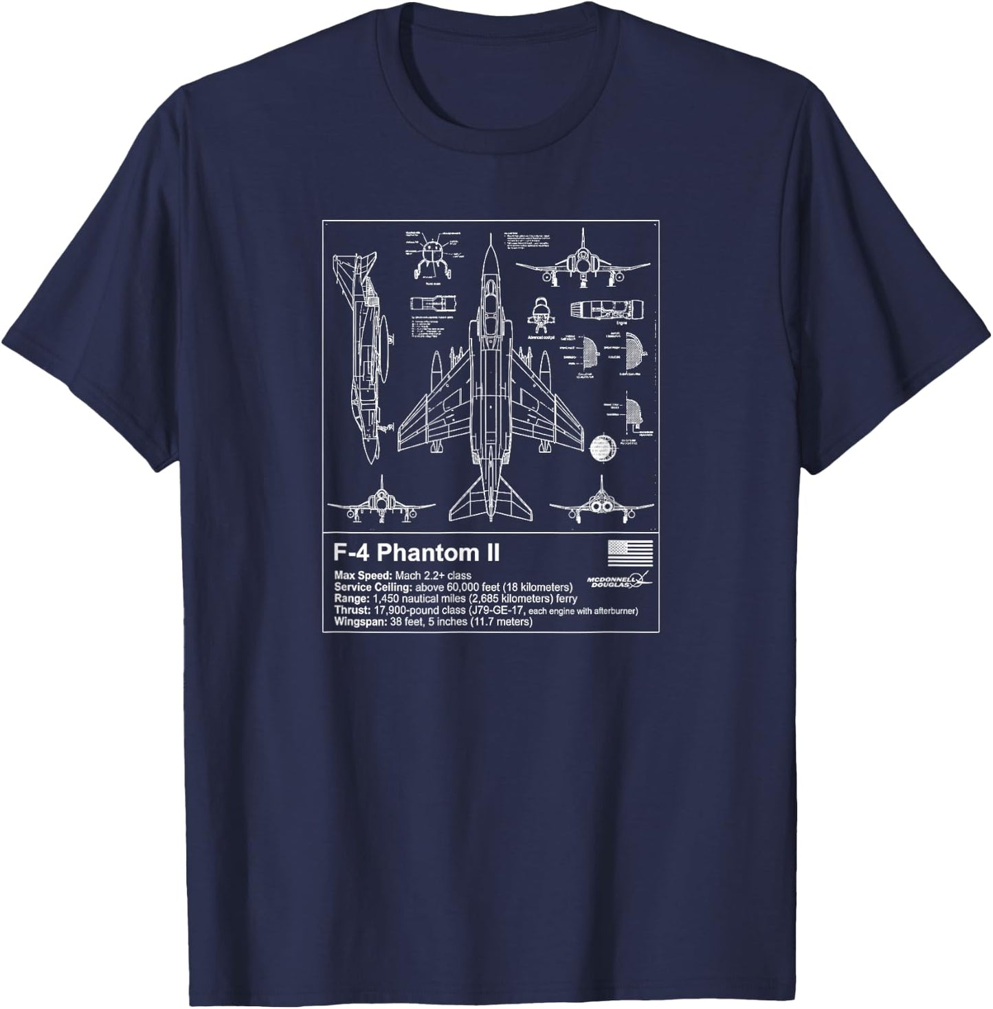 F-4 Phantom Blueprint Technical Schematic - Aviation Art T-Shirt - T-Shirt | Navy