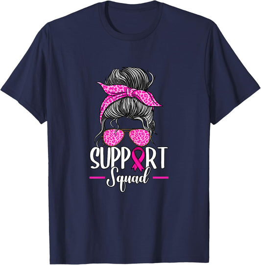 Support Squad Messy Bun Breast Cancer Awareness T-Shirt - T-Shirt | Navy