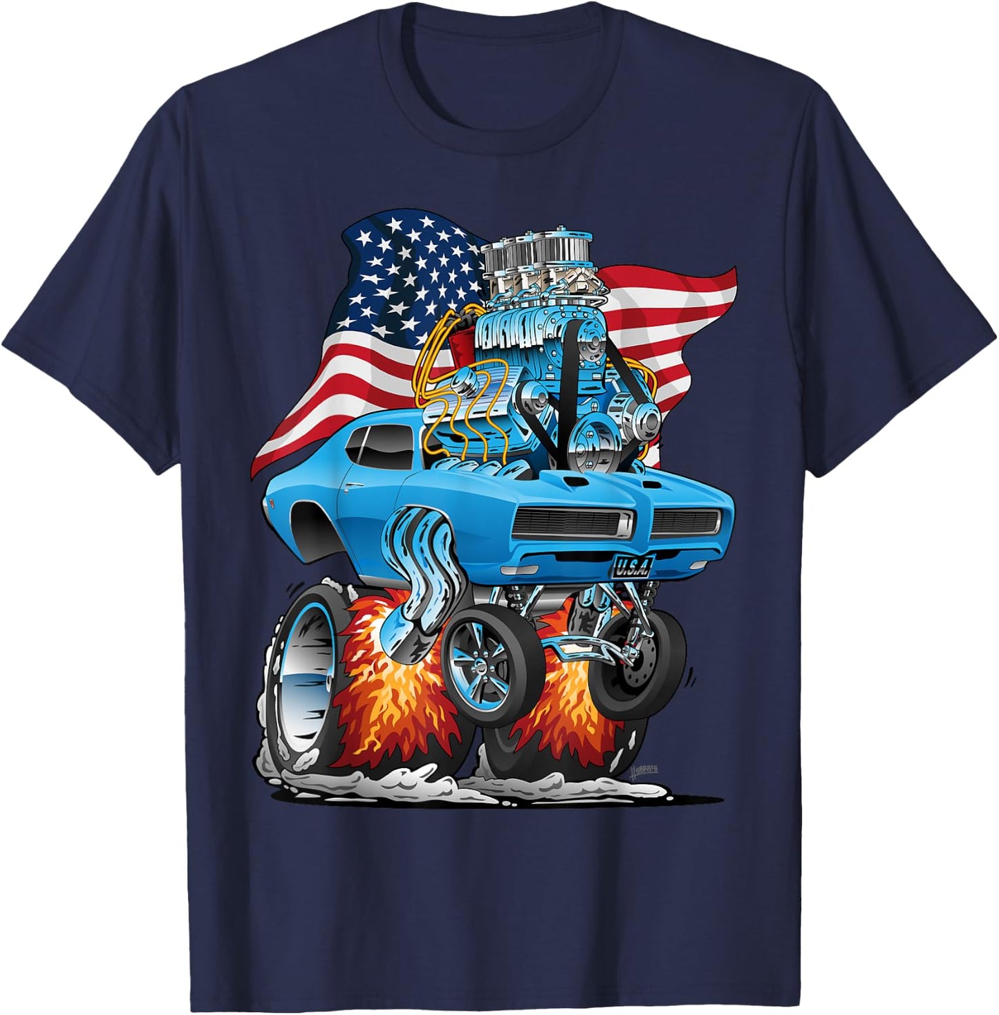 Patriotic 60s Muscle Car Funny Dragster USA Hotrod Cartoon T-Shirt - T-Shirt | Navy