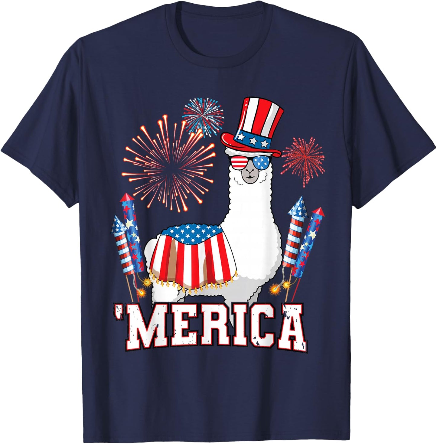 Patriotic Llama Merica Funny 4th of July Fireworks T-Shirt - T-Shirt | Navy