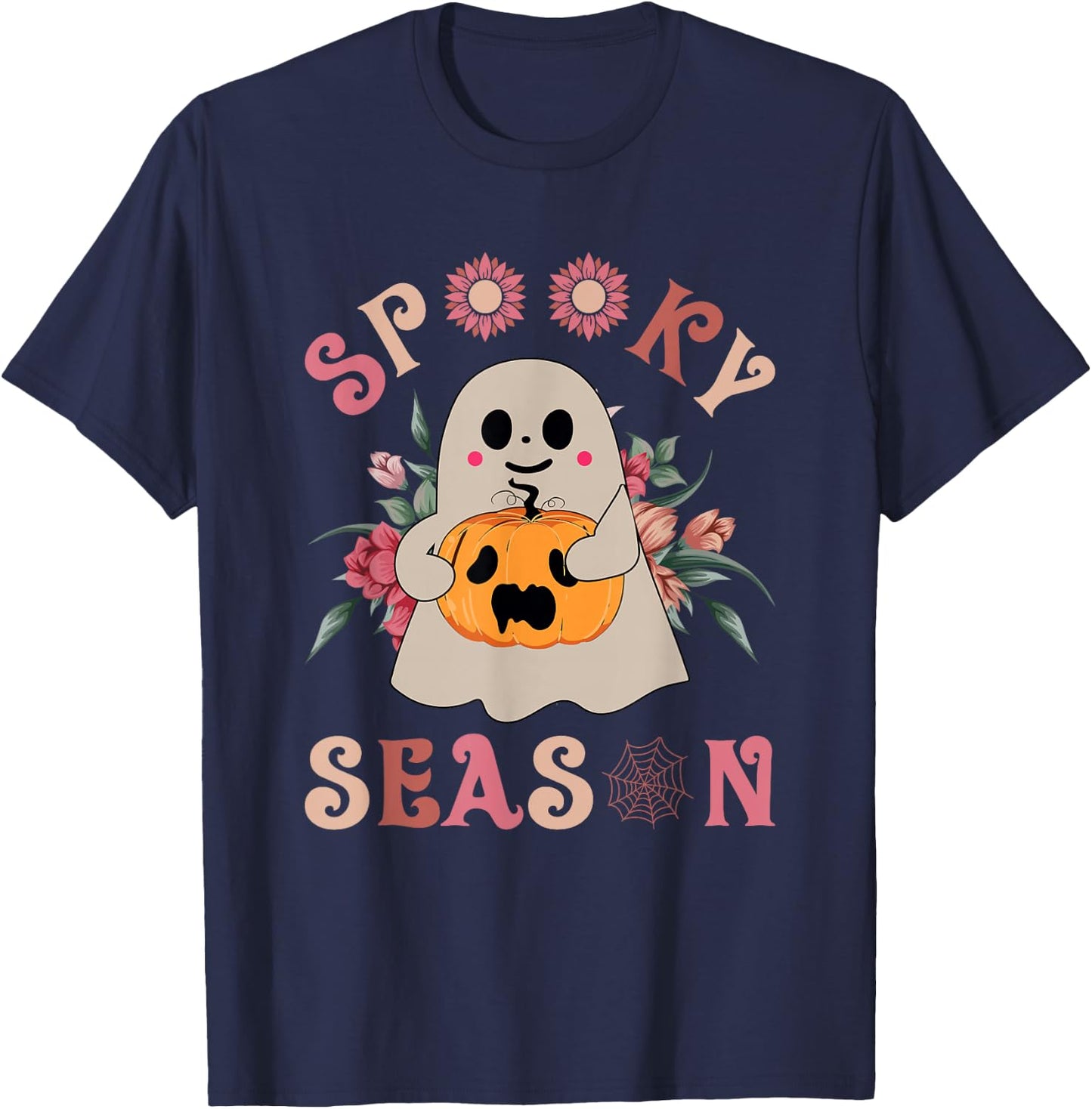 Groovy Vintage Floral Ghost Cute Halloween Spooky Season T-Shirt - T-Shirt | Navy