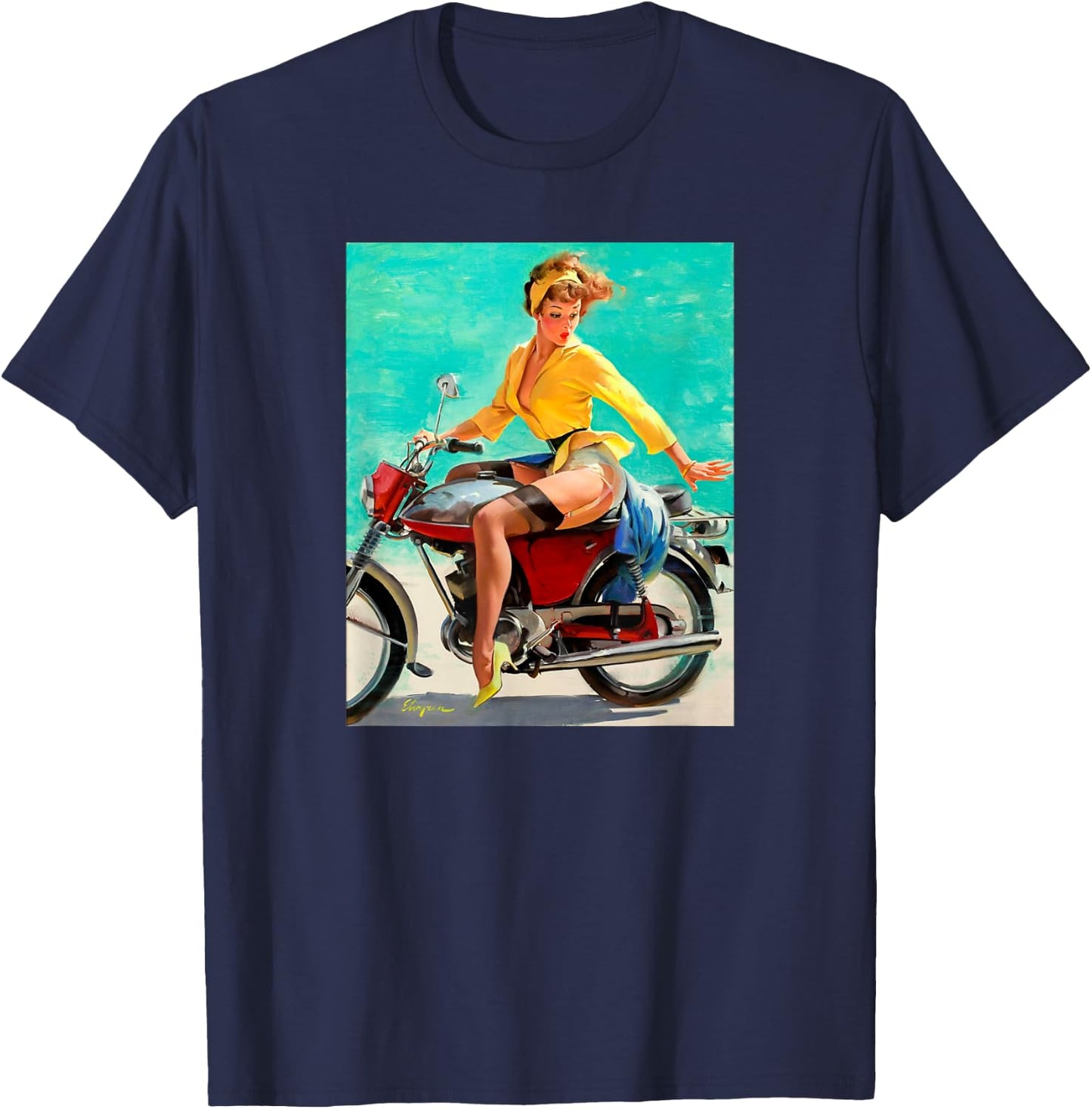 Motorcycle Pinup Girl Vintage Pin up Biker Sexy T-Shirt - T-Shirt | Navy