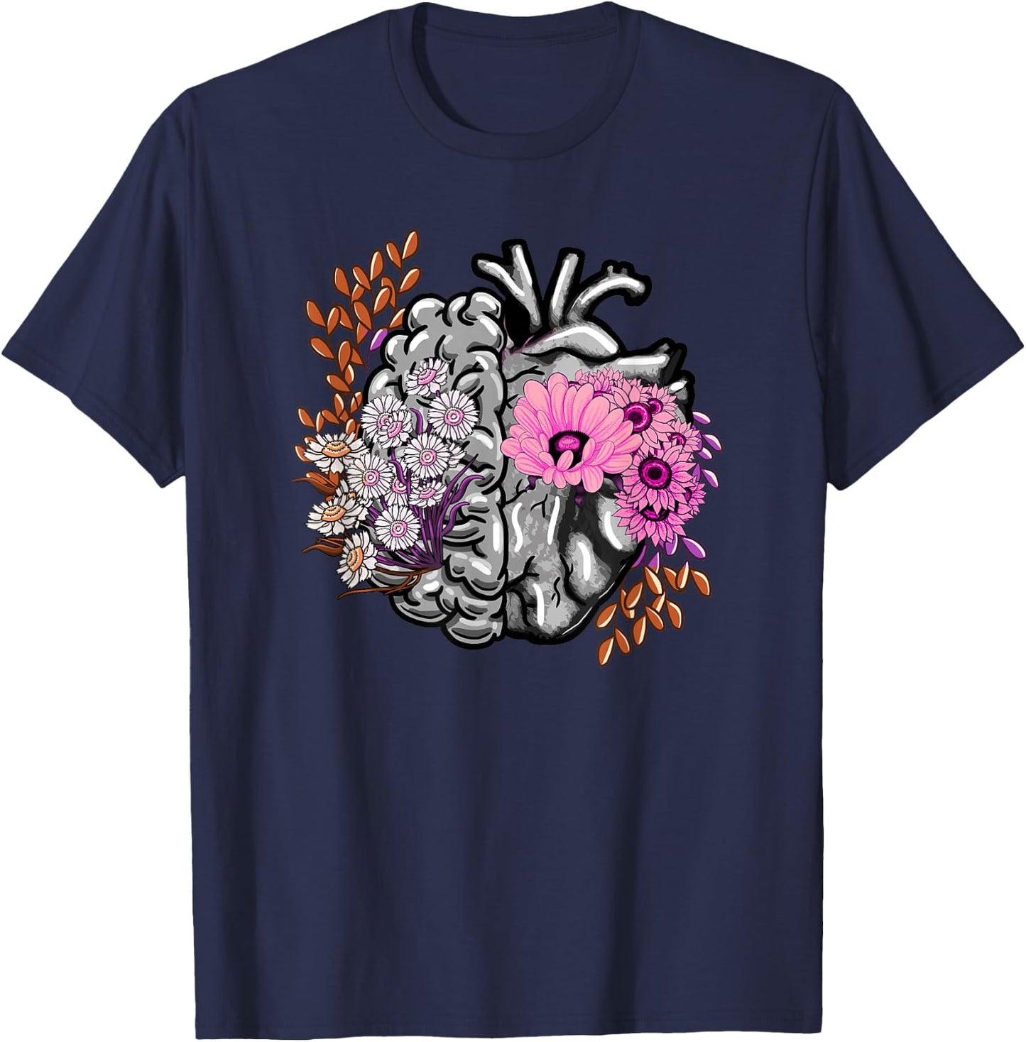 Brain Heart Anatomy Flowers Girly Doctor Neurologist Gift T-Shirt - T-Shirt | Navy