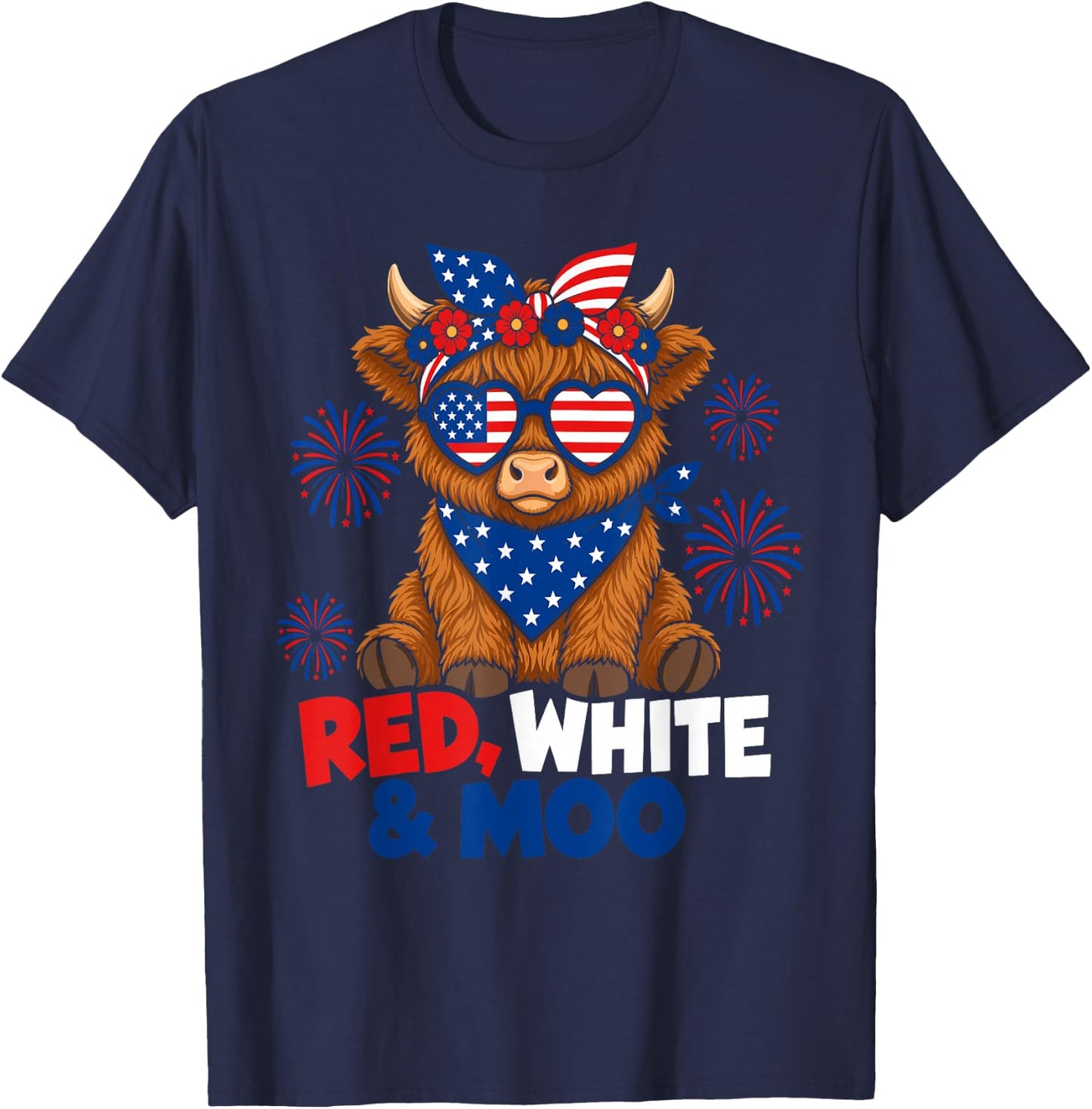 Patriotic Moo Highland Cow Fourth of July American Flag Star T-Shirt - T-Shirt | Navy