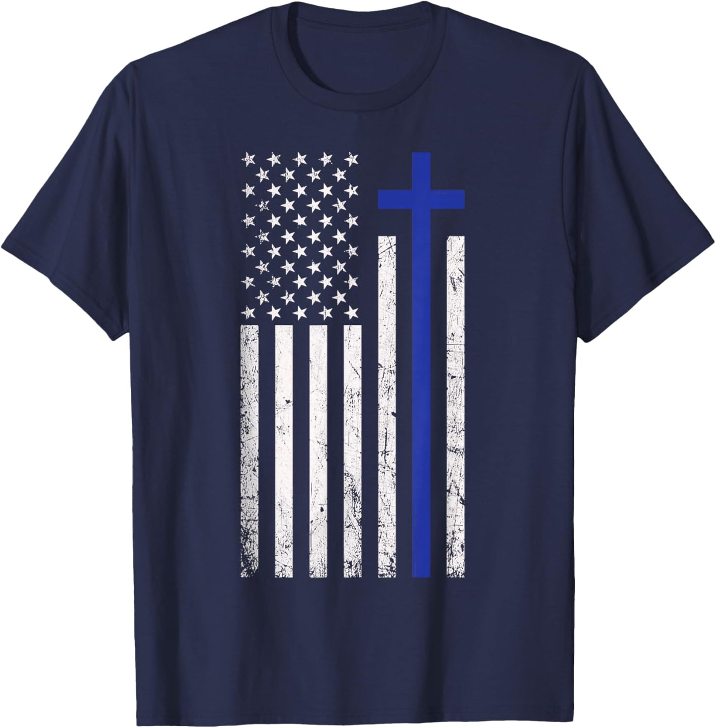 Christian American Flag Cross Blue Line Law Enforcement. T-Shirt - T-Shirt | Navy