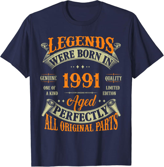 35th Birthday Vintage Legends Born in 1991 35 Years Old T-Shirt - T-Shirt | Navy