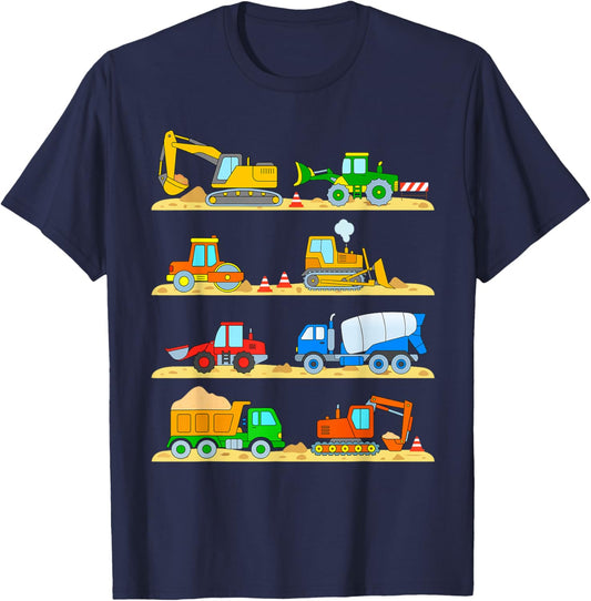 Vehicles, construction site, excavator, truck, bulldozer, cement mixer T-Shirt - T-Shirt | Navy
