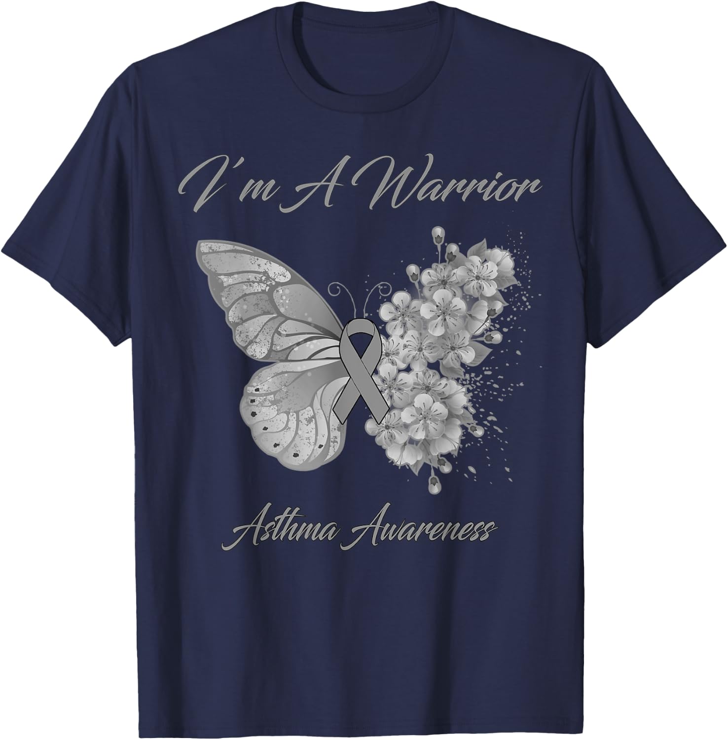 Butterfly I’m A Warrior Asthma Awareness T-Shirt - T-Shirt | Navy