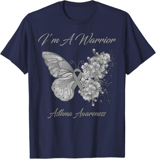 Butterfly I’m A Warrior Asthma Awareness T-Shirt - T-Shirt | Navy