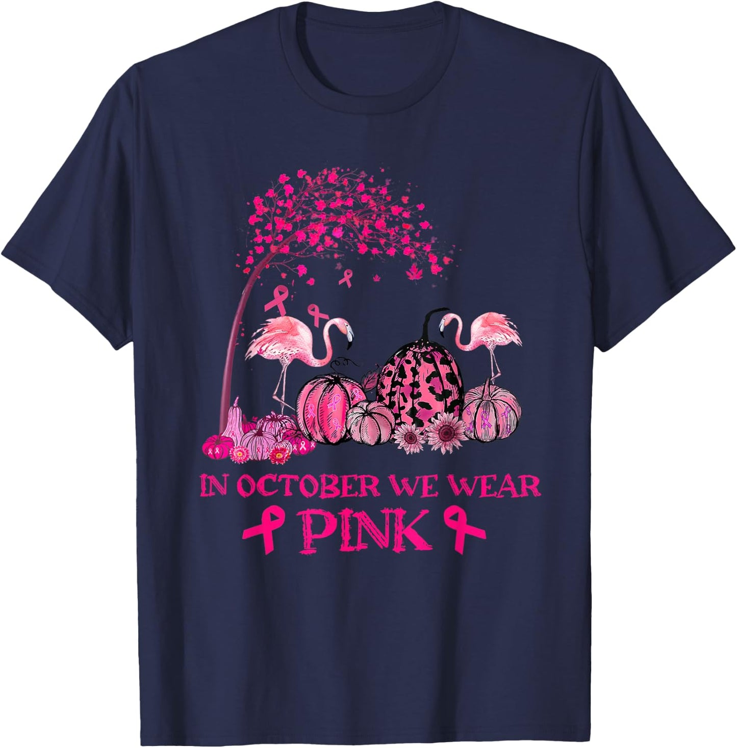 In October We Wear Pink Flamingo Breast Cancer Awareness T-Shirt - T-Shirt | Navy