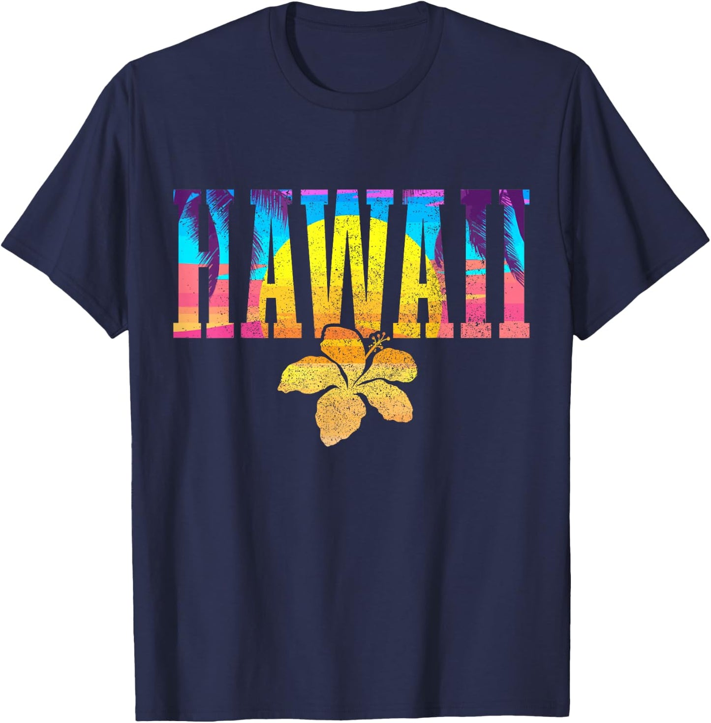 Hawaii Vintage Sunset Hibiscus Flower Hawaiian Surf Surfer T-Shirt - T-Shirt | Navy