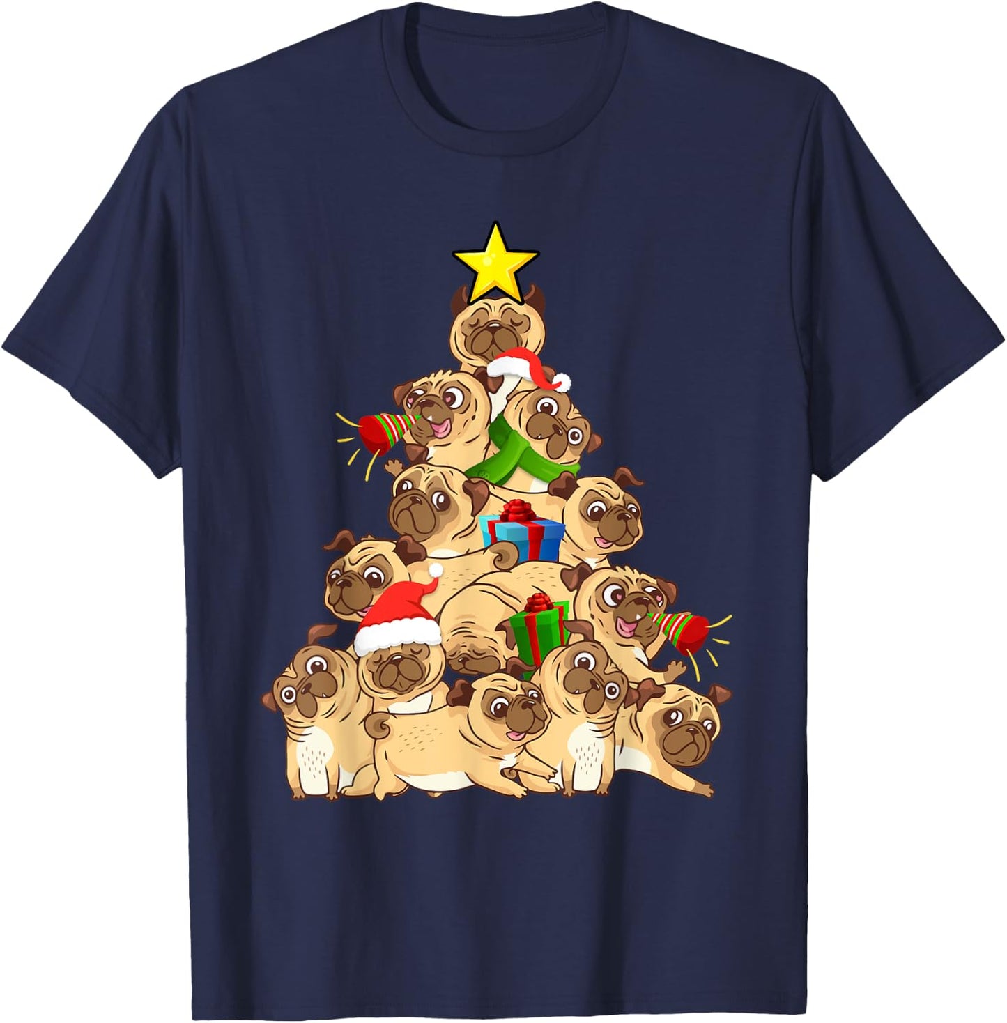 Pug Dogs Tree Christmas Sweater Xmas Pet Animal Dog Gifts Women Kids T-Shirt - T-Shirt | Navy