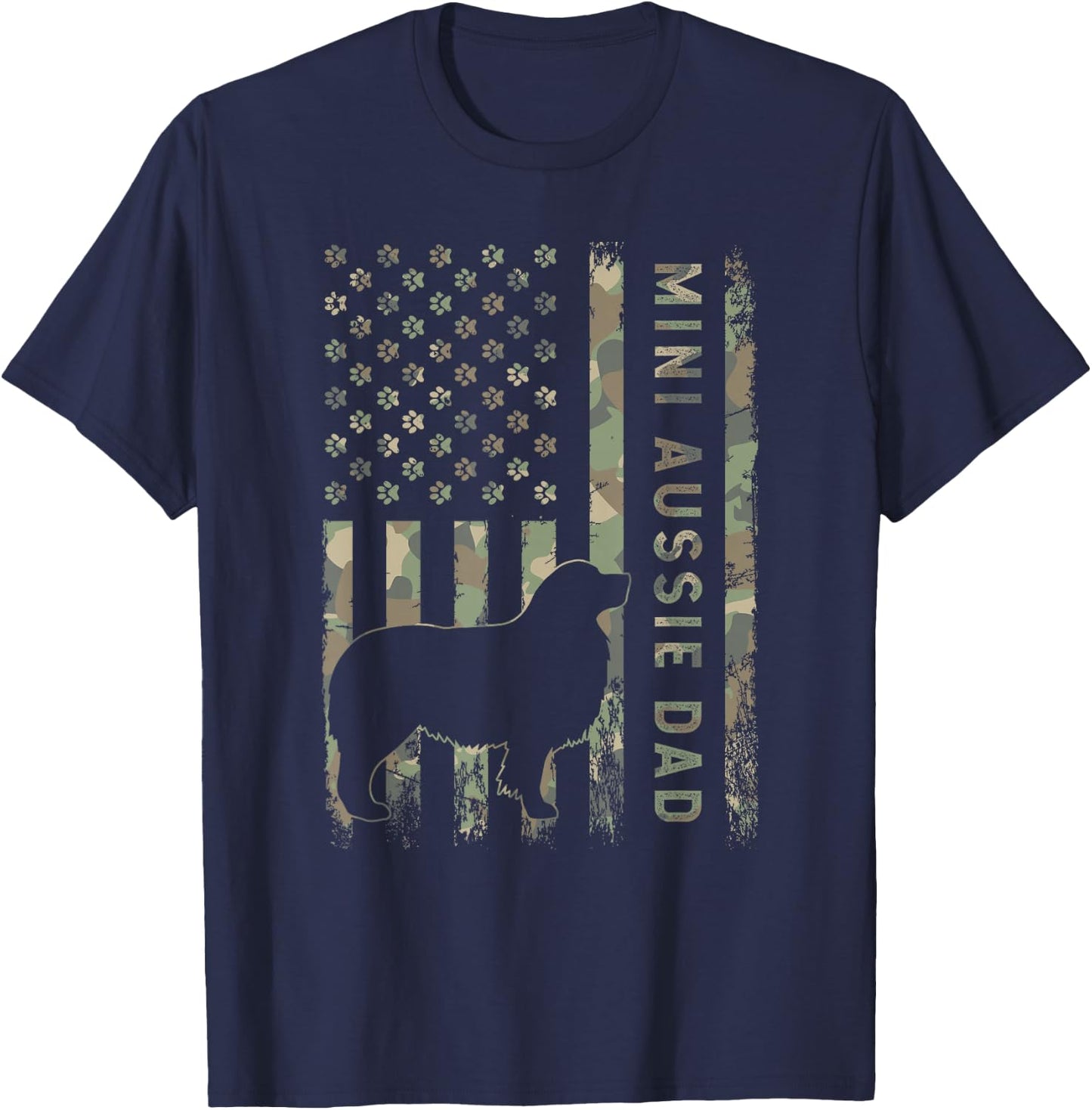Mini Aussie Dad Australian Shepherd Dog Camo USA Flag T-Shirt - T-Shirt | Navy