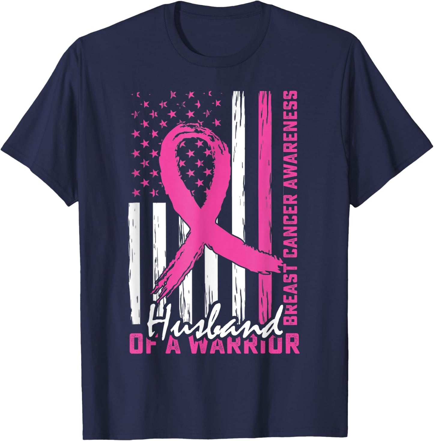 Husband Breast Cancer Support Huband of a Warrior US Flag T-Shirt - T-Shirt | Navy