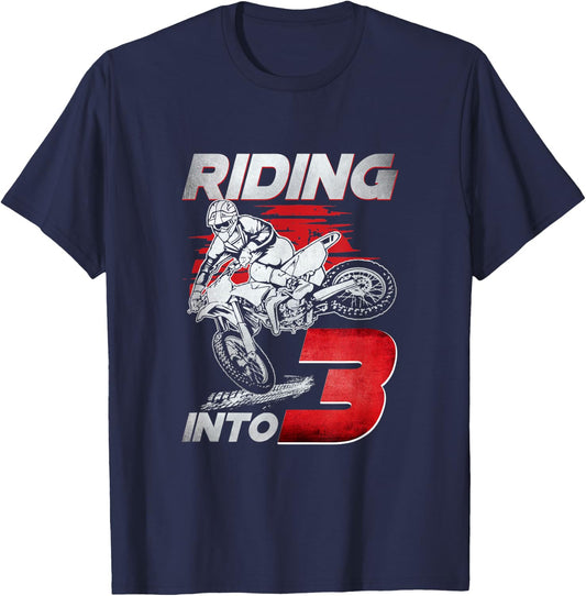 Riding Into 3 Dirt Bike 3 Years Old 3rd Birthday Party Boys T-Shirt - T-Shirt | Navy