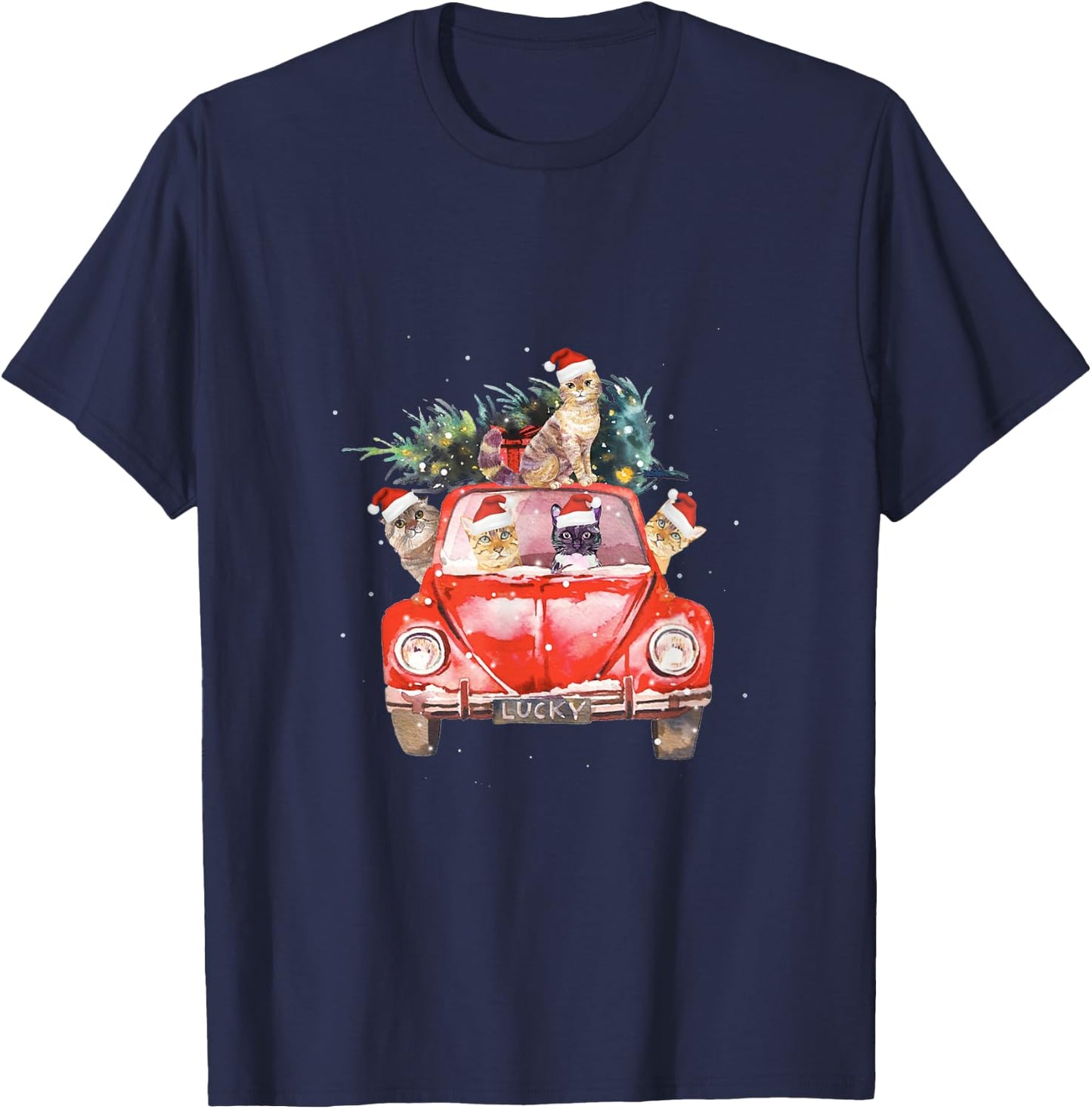 Cat Riding Red Truck Christmas Tree Cat Santa Hat Xmas Gift Women Kids T-Shirt - T-Shirt | Navy