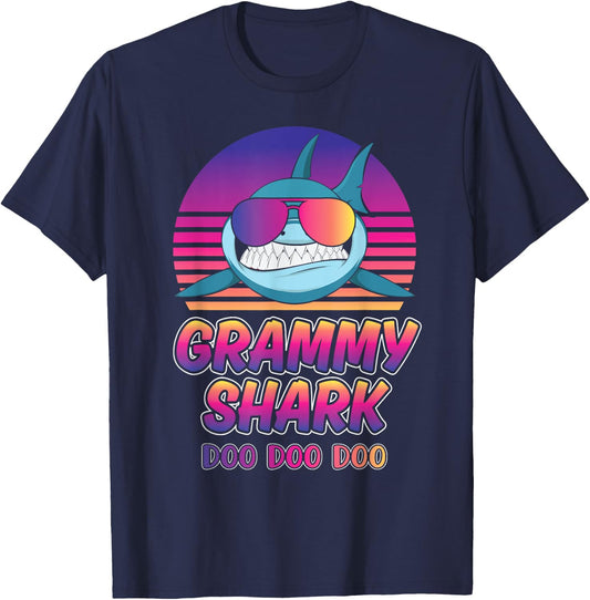 Grammy Shark Vintage Retro Sunset Graphic 2022 T-Shirt - T-Shirt | Navy