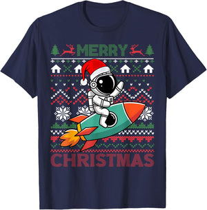 Merry Ugly Christmas Santa Hat Astronaut Riding Rocket Xmas T-Shirt - T-Shirt | Navy