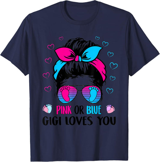 Pink or Blue Gigi Loves You Gender Reveal T-Shirt - T-Shirt | Navy