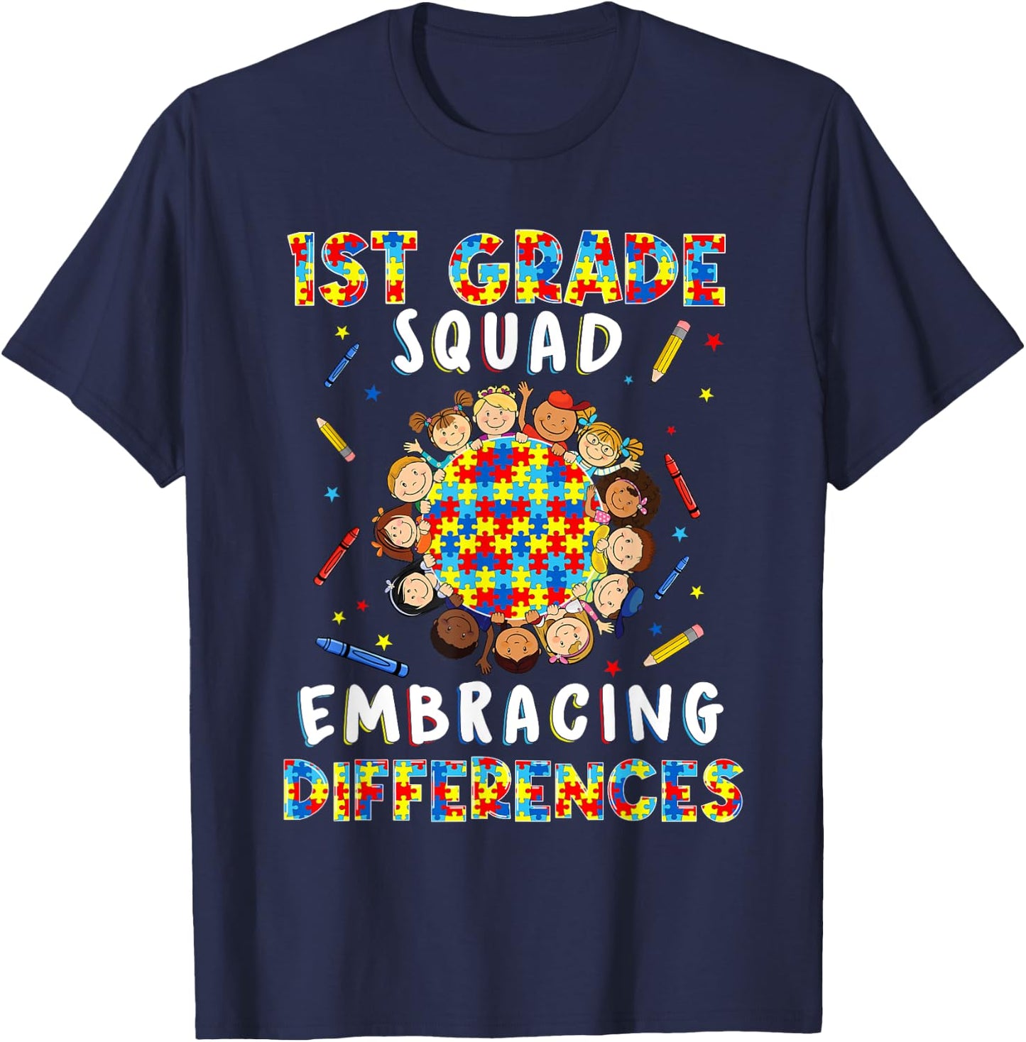 1st Grade Teacher Autism Embracing Differences Last Day T-Shirt - T-Shirt | Navy