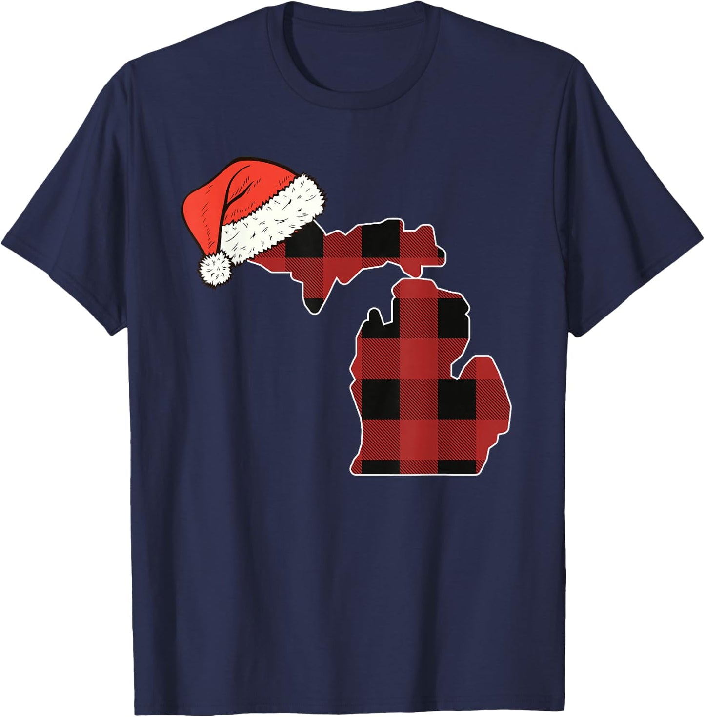 Michigan Plaid Christmas Santa Hat Holiday Matching T-Shirt - T-Shirt | Navy