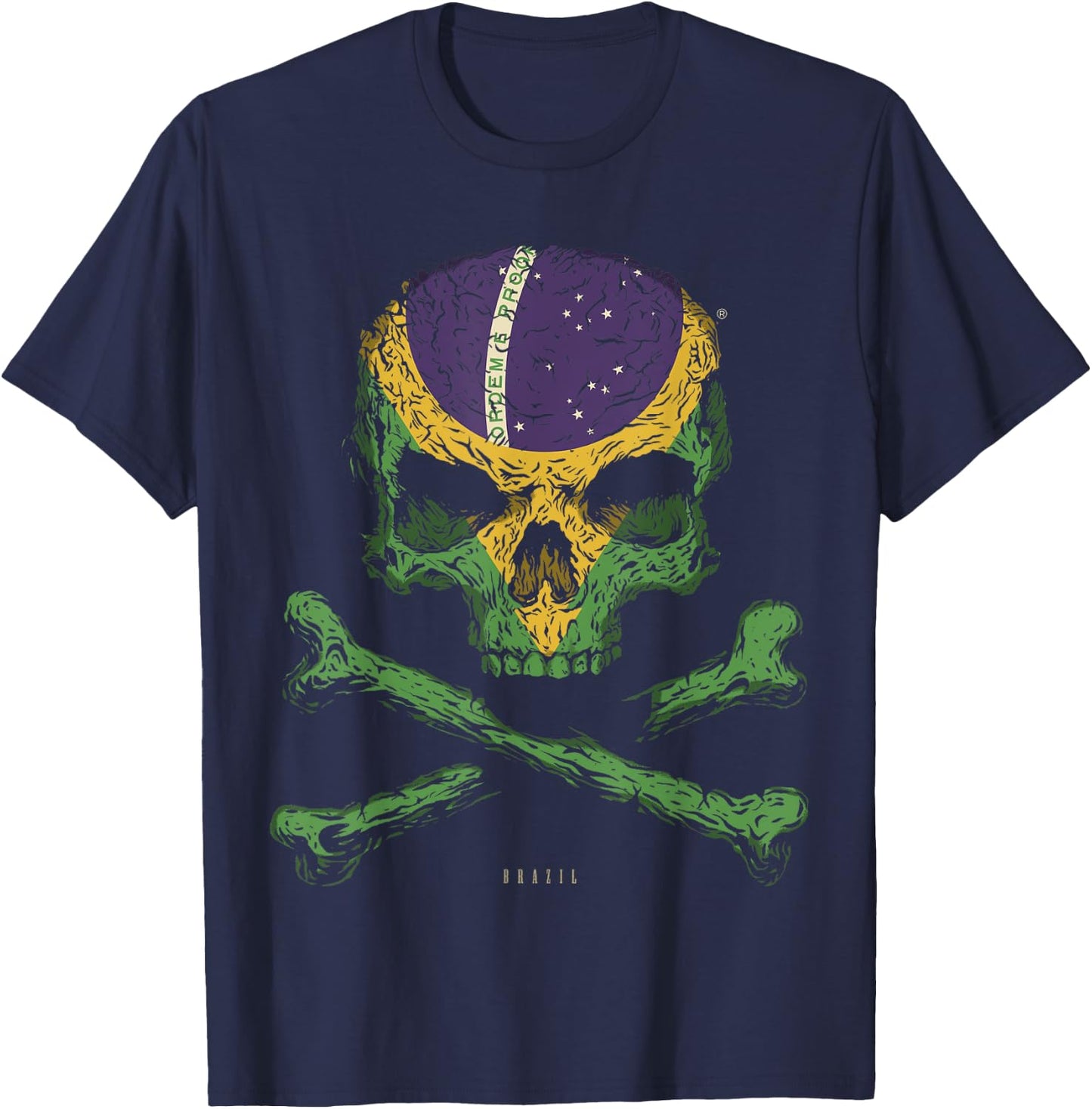 SKULL CROSSBONES BRAZIL Flag Skeleton Brazilian Heart T-Shirt - T-Shirt | Navy