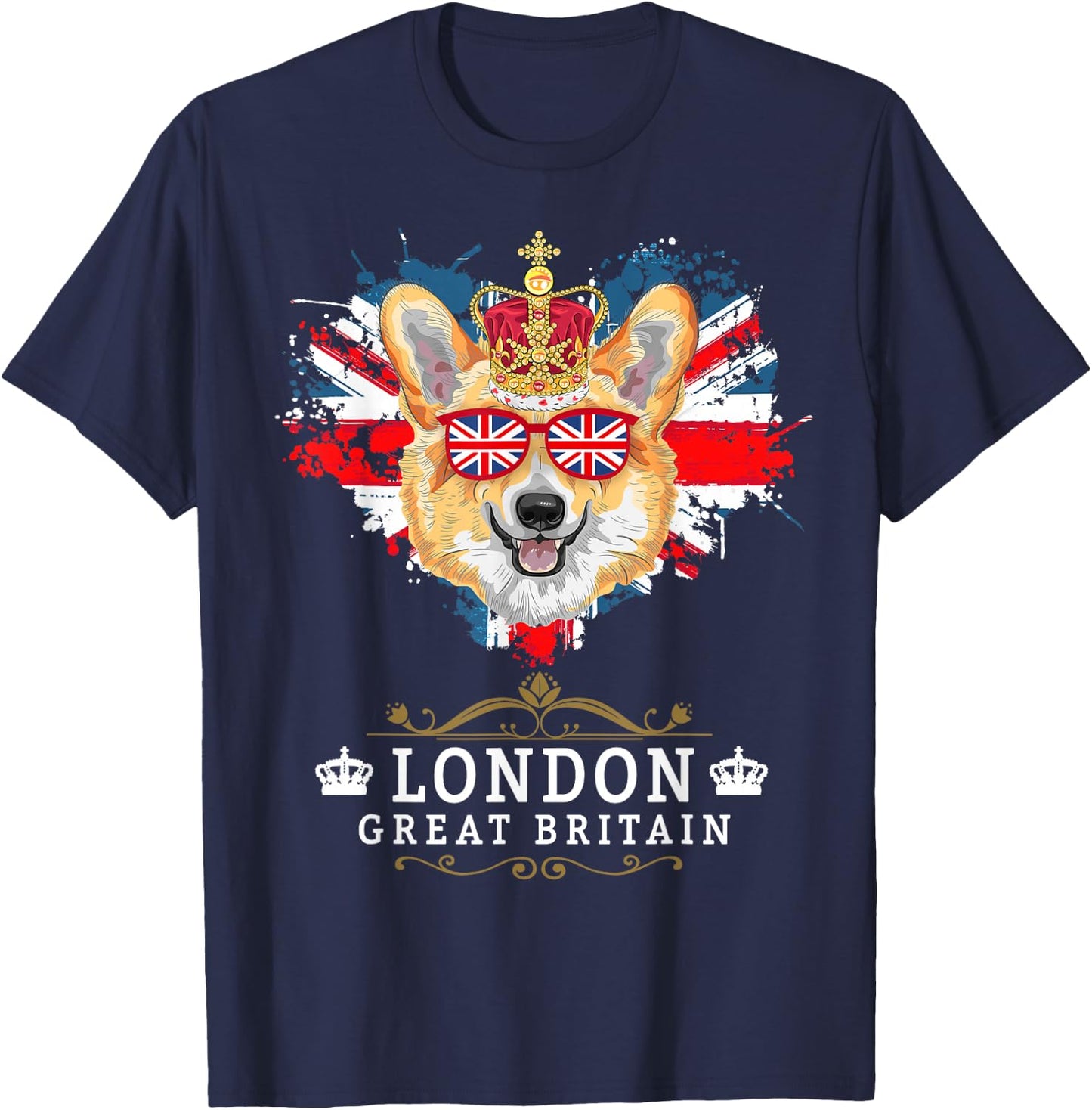 London Idea For Kids With Union Jack Flag Of England & Corgi T-Shirt - T-Shirt | Navy