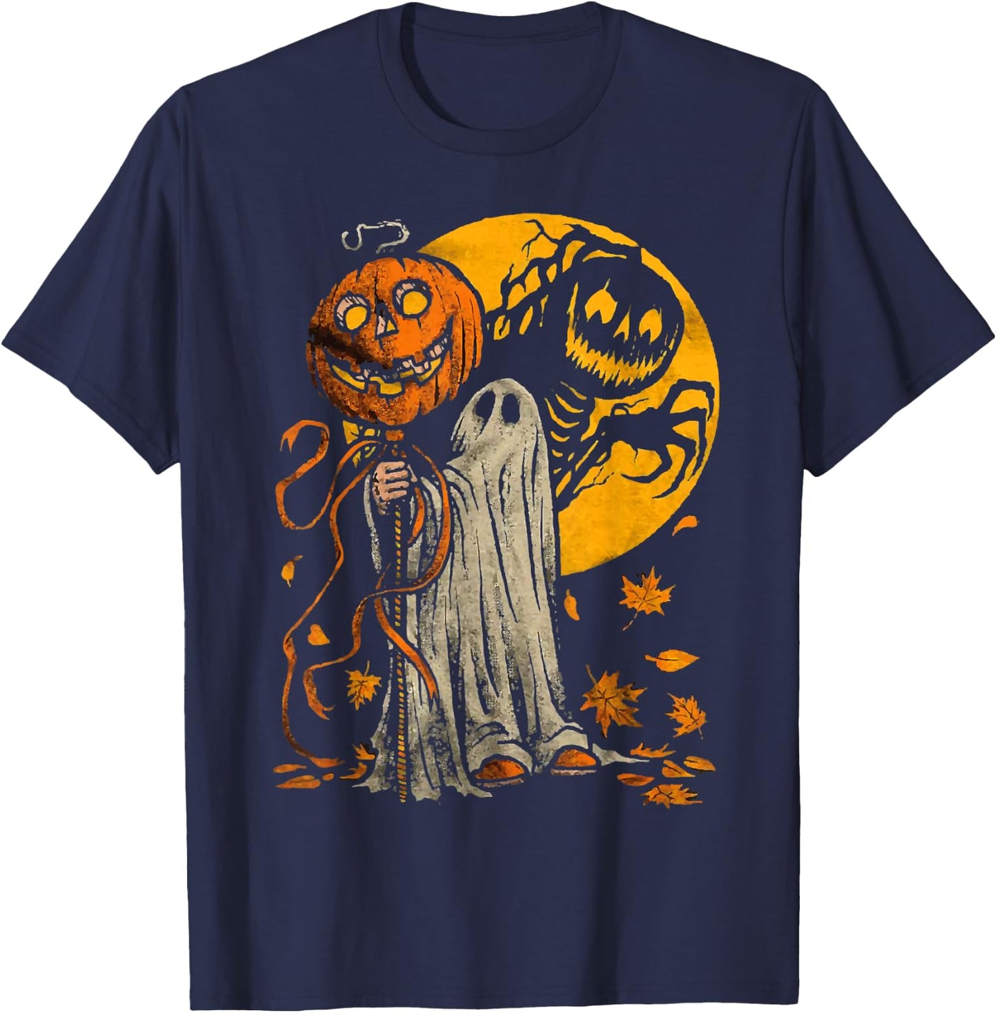 Halloween Pumpkin Ghost Autumn Leaves Graphic Art T-Shirt - T-Shirt | Navy