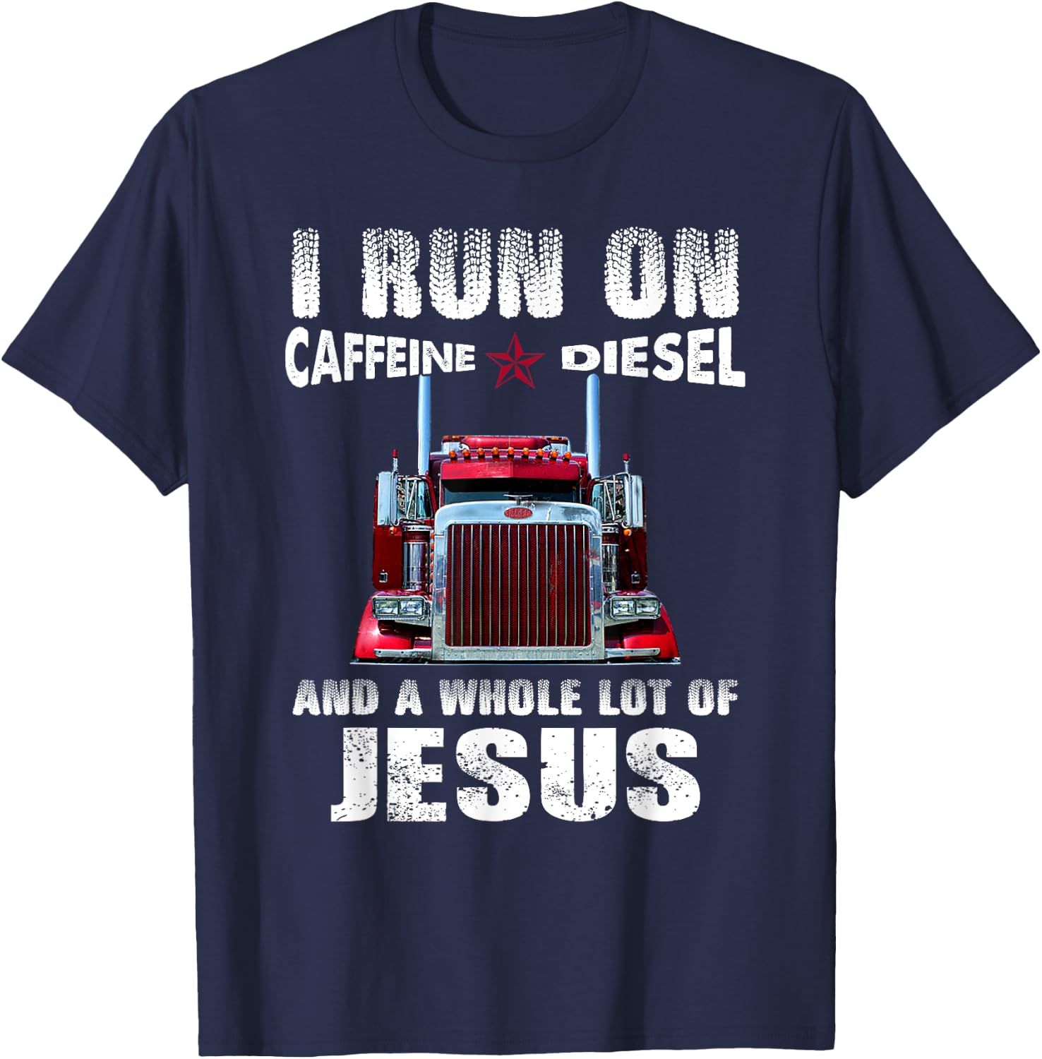 Caffeine Diesel Jesus Christian Trucker Distressed T-Shirt - T-Shirt | Navy