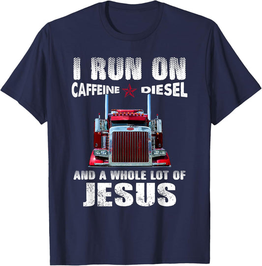 Caffeine Diesel Jesus Christian Trucker Distressed T-Shirt - T-Shirt | Navy