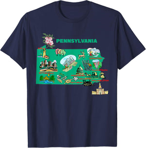 tourism map of Pennsylvania state, USA, major cities, flag T-Shirt - T-Shirt | Navy