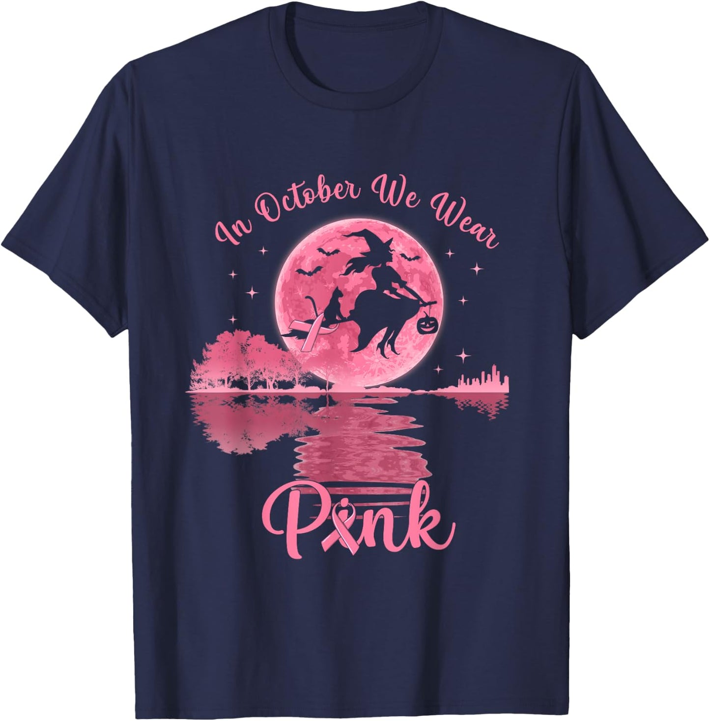 In October We Wear Pink Witch Breast Cancer Awareness T-Shirt - T-Shirt | Navy