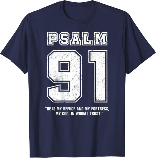 Psalm 91 Jersey Look Bible Verse (Back Only Print) Christian T-Shirt - T-Shirt | Navy