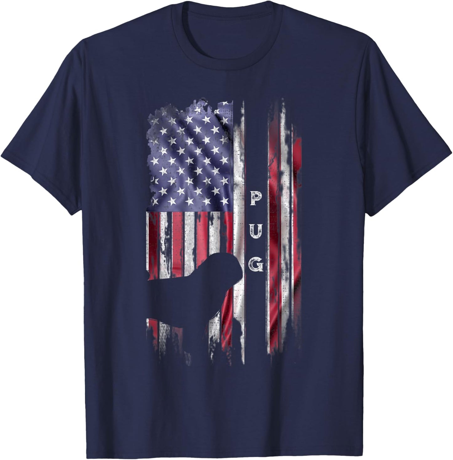 Vintage USA American Flag Pug Dog Lover Silhouette Kids Men T-Shirt - T-Shirt | Navy